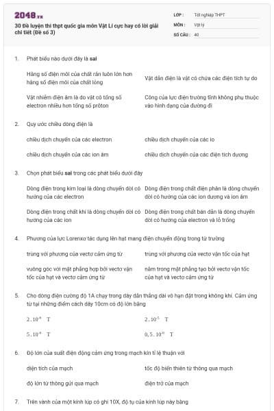 30 Đề luyện thi thpt quốc gia môn Vật Lí cực hay có lời giải chi tiết (Đề số 3)