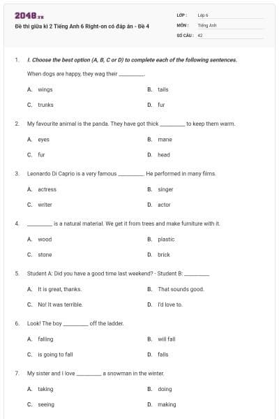 Đề thi giữa kì 2 Tiếng Anh 6 Right-on có đáp án - Đề 4