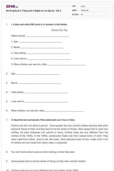 Đề thi giữa kì 2 Tiếng Anh 6 Right-on có đáp án - Đề 6