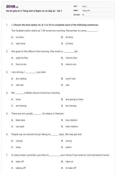 Đề thi giữa kì 2 Tiếng Anh 6 Right-on có đáp án - Đề 7