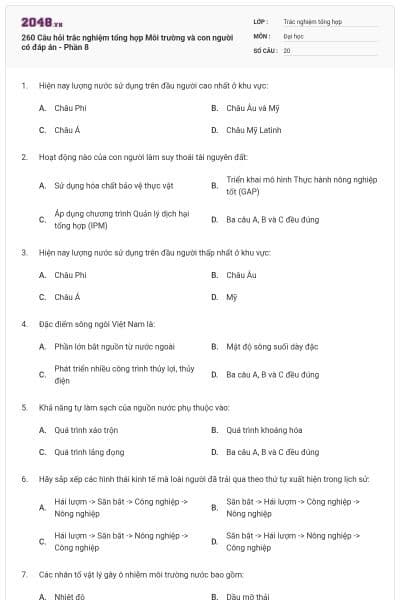 260 Câu hỏi trắc nghiệm tổng hợp Môi trường và con người có đáp án - Phần 8