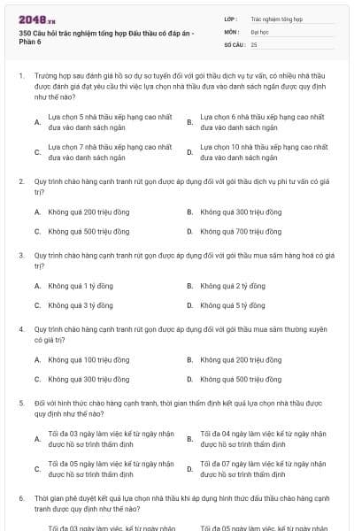 350 Câu hỏi trắc nghiệm tổng hợp Đấu thầu có đáp án - Phần 6