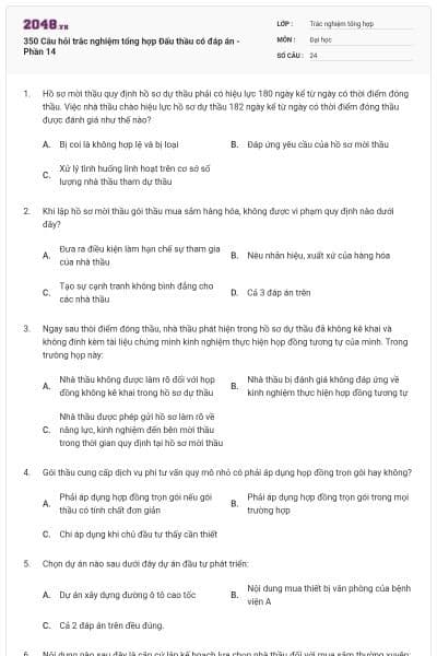 350 Câu hỏi trắc nghiệm tổng hợp Đấu thầu có đáp án - Phần 14