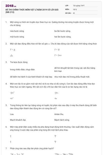 ĐỀ THI CHÍNH THỨC MÔN VẬT LÍ NĂM 2019 CÓ LỜI GIẢI (MÃ 213)