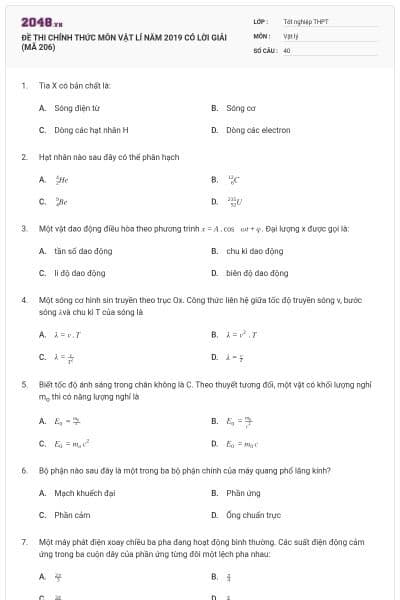 ĐỀ THI CHÍNH THỨC MÔN VẬT LÍ NĂM 2019 CÓ LỜI GIẢI (MÃ 206)