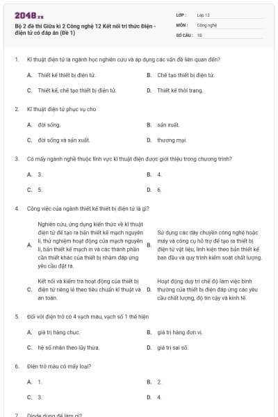 Bộ 2 đề thi Giữa kì 2 Công nghệ 12 Kết nối tri thức Điện - điện tử có đáp án (Đề 1)