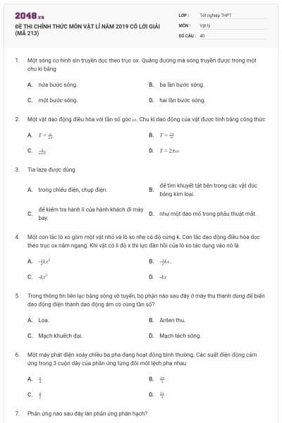 ĐỀ THI CHÍNH THỨC MÔN VẬT LÍ NĂM 2019 CÓ LỜI GIẢI (MÃ 213)