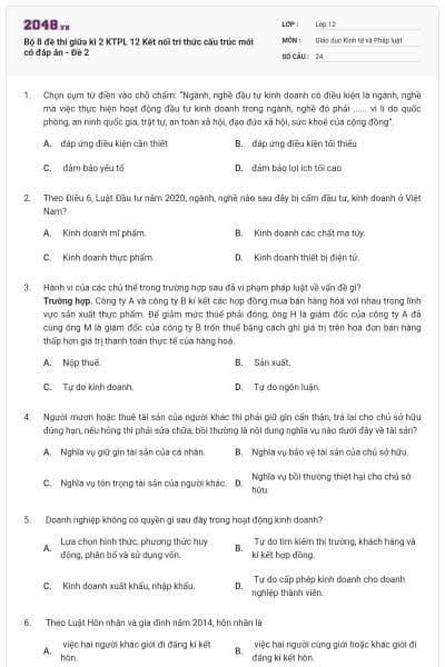 Bộ 8 đề thi giữa kì 2 KTPL 12 Kết nối tri thức cấu trúc mới có đáp án - Đề 2