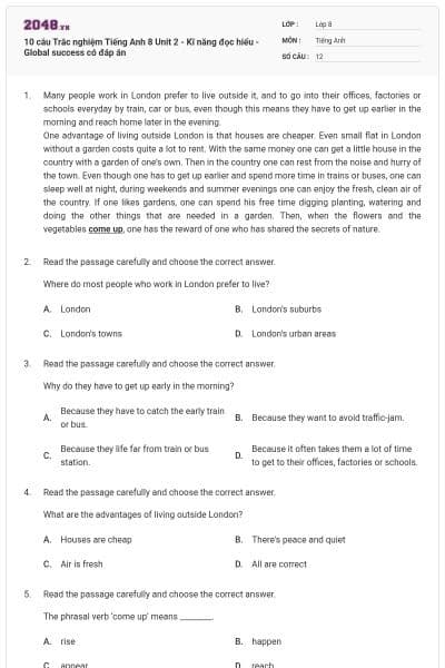 10 câu Trắc nghiệm Tiếng Anh 8 Unit 2 - Kĩ năng đọc hiểu - Global success có đáp án