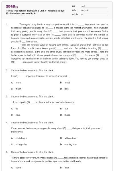 15 câu Trắc nghiệm Tiếng Anh 8 Unit 3 - Kĩ năng đọc đục lỗ - Global success có đáp án