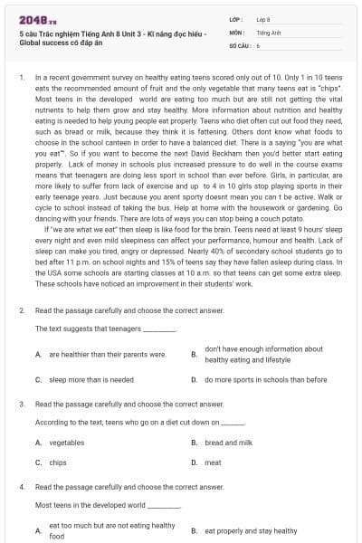 5 câu Trắc nghiệm Tiếng Anh 8 Unit 3 - Kĩ năng đọc hiểu - Global success có đáp án