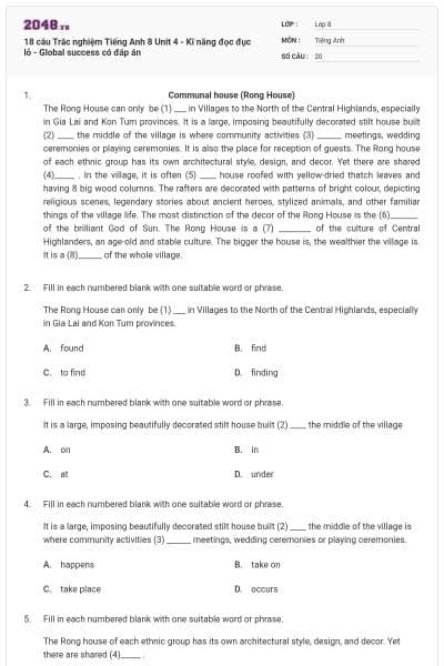 18 câu Trắc nghiệm Tiếng Anh 8 Unit 4 - Kĩ năng đọc đục lỗ - Global success có đáp án