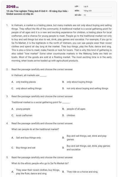 10 câu Trắc nghiệm Tiếng Anh 8 Unit 4 - Kĩ năng đọc hiểu - Global success có đáp án