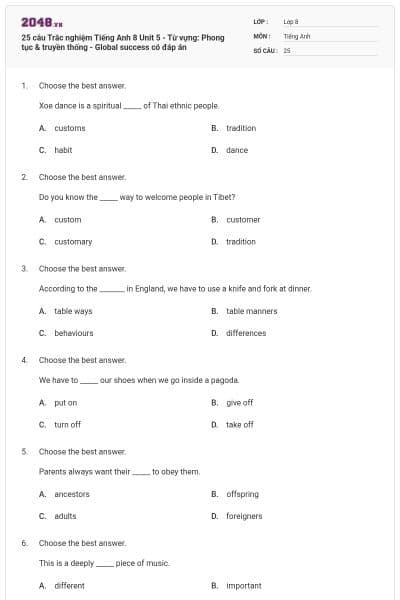 25 câu Trắc nghiệm Tiếng Anh 8 Unit 5 - Từ vựng: Phong tục & truyền thống - Global success có đáp án