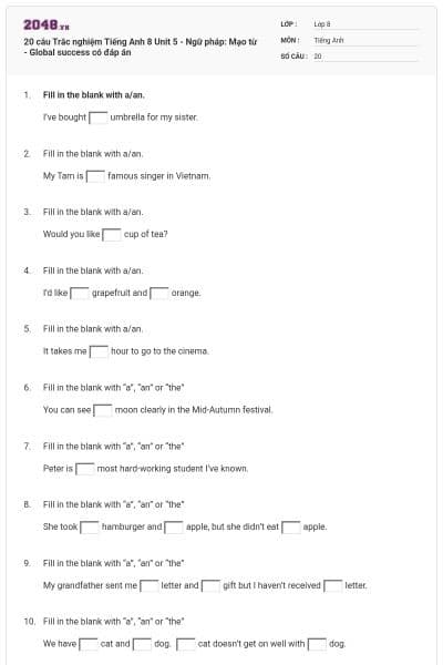 20 câu Trắc nghiệm Tiếng Anh 8 Unit 5 - Ngữ pháp: Mạo từ - Global success có đáp án