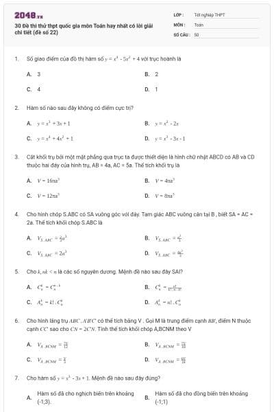 30 Đề thi thử thpt quốc gia môn Toán hay nhất có lời giải chi tiết (đề số 22)