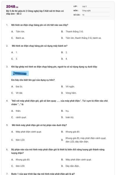 Bộ 5 đề thi giữa kì 2 Công nghệ lớp 5 Kết nối tri thức có đáp ánn - Đề 2