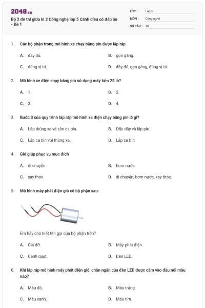 Bộ 2 đề thi giữa kì 2 Công nghệ lớp 5 Cánh diều có đáp án - Đề 1