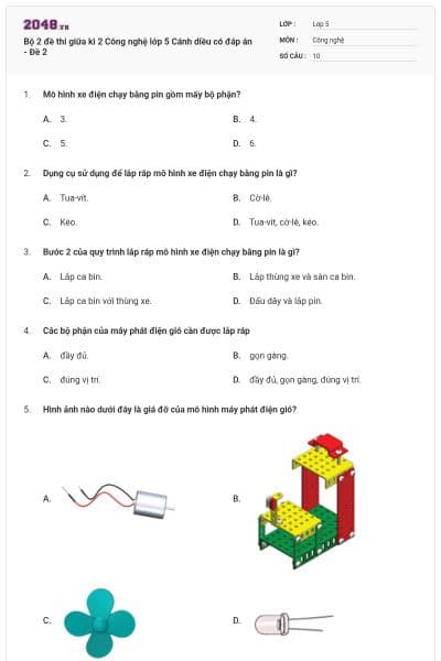 Bộ 2 đề thi giữa kì 2 Công nghệ lớp 5 Cánh diều có đáp án - Đề 2