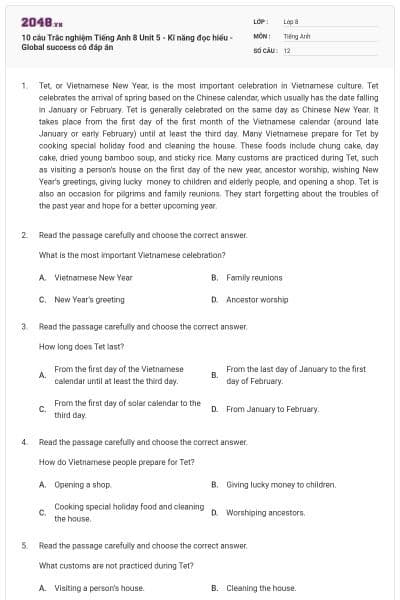 10 câu Trắc nghiệm Tiếng Anh 8 Unit 5 - Kĩ năng đọc hiểu - Global success có đáp án