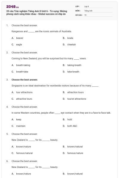 20 câu Trắc nghiệm Tiếng Anh 8 Unit 6 - Từ vựng: Những phong cách sống khác nhau - Global success có đáp án