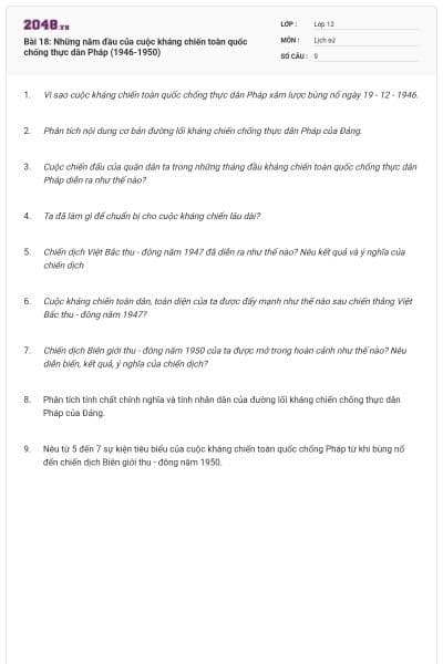 Bài 18: Những năm đầu của cuộc kháng chiến toàn quốc chống thực dân Pháp (1946-1950)