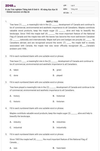 8 câu Trắc nghiệm Tiếng Anh 8 Unit 6 - Kĩ năng đọc đục lỗ - Global success có đáp án