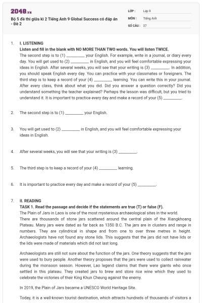 Bộ 5 đề thi giữa kì 2 Tiếng Anh 9 Global Success có đáp án - Đề 2