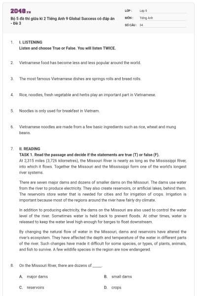 Bộ 5 đề thi giữa kì 2 Tiếng Anh 9 Global Success có đáp án - Đề 3