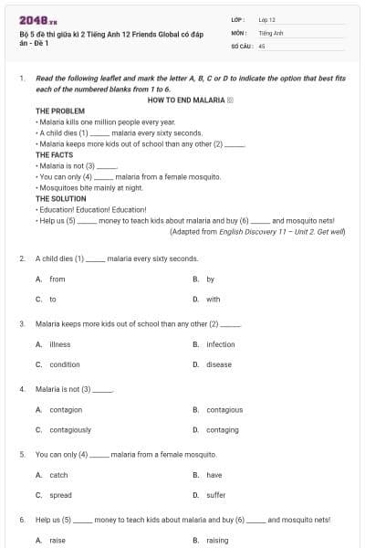 Bộ 5 đề thi giữa kì 2 Tiếng Anh 12 Friends Global có đáp án - Đề 1