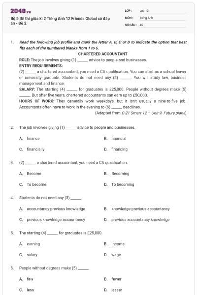 Bộ 5 đề thi giữa kì 2 Tiếng Anh 12 Friends Global có đáp án - Đề 2