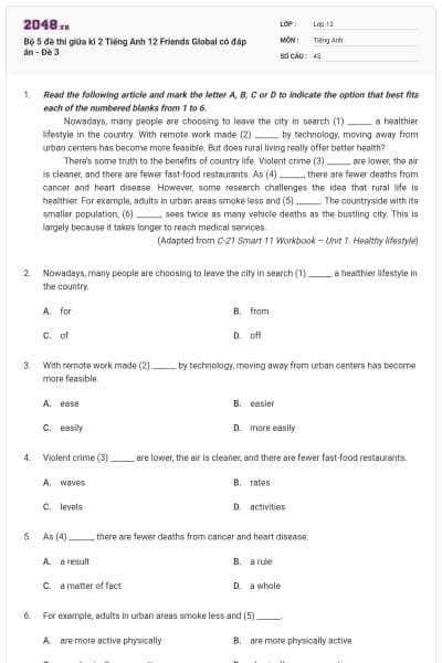 Bộ 5 đề thi giữa kì 2 Tiếng Anh 12 Friends Global có đáp án - Đề 3