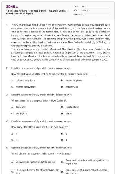 10 câu Trắc nghiệm Tiếng Anh 8 Unit 6 - Kĩ năng đọc hiểu - Global success có đáp án