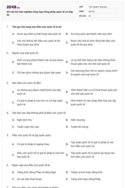 60 câu hỏi trắc nghiệm tổng hợp Công pháp quốc tế có đáp án