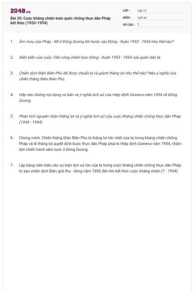 Bài 20: Cuộc kháng chiến toàn quốc chống thực dân Pháp kết thúc (1953-1954)