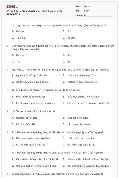 40 câu trắc nghiệm Vấn đề khai thác thế mạnh ở Tây Nguyên (P1)
