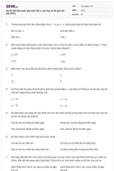 Đề thi thử thpt quốc gia môn Vật Lí cực hay có lời giải chi tiết (P22)