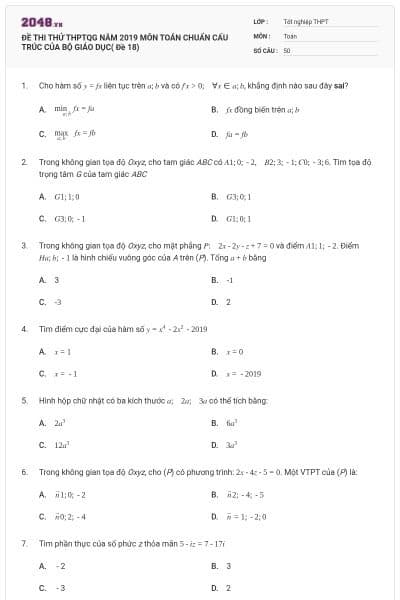 ĐỀ THI THỬ THPTQG NĂM 2019 MÔN TOÁN CHUẨN CẤU TRÚC CỦA BỘ GIÁO DỤC( Đề 18)