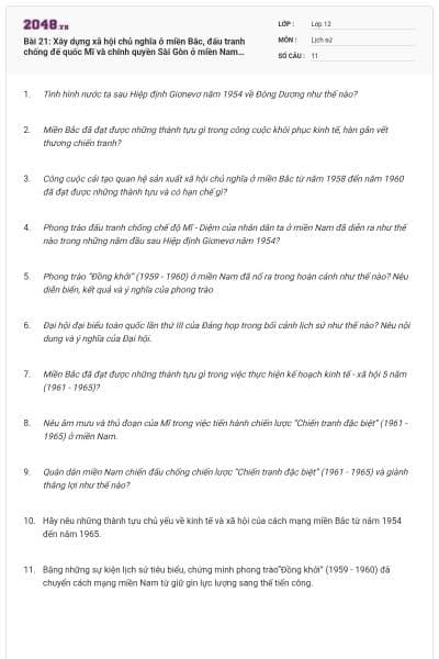 Bài 21: Xây dựng xã hội chủ nghĩa ở miền Bắc, đấu tranh chống đế quốc Mĩ và chính quyền Sài Gòn ở miền Nam (1954-1965)