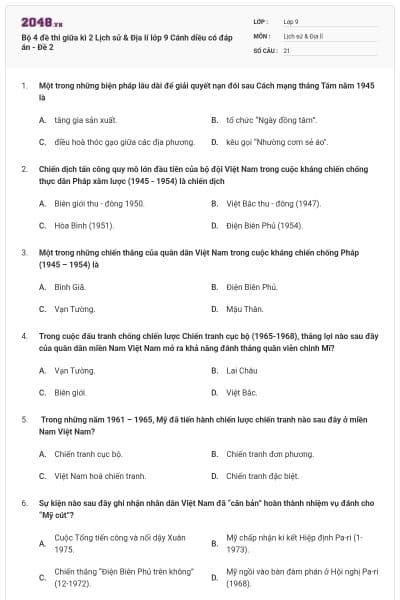 Bộ 4 đề thi giữa kì 2 Lịch sử & Địa lí lớp 9 Cánh diều có đáp án - Đề 2