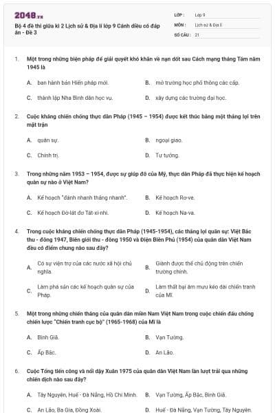 Bộ 4 đề thi giữa kì 2 Lịch sử & Địa lí lớp 9 Cánh diều có đáp án - Đề 3