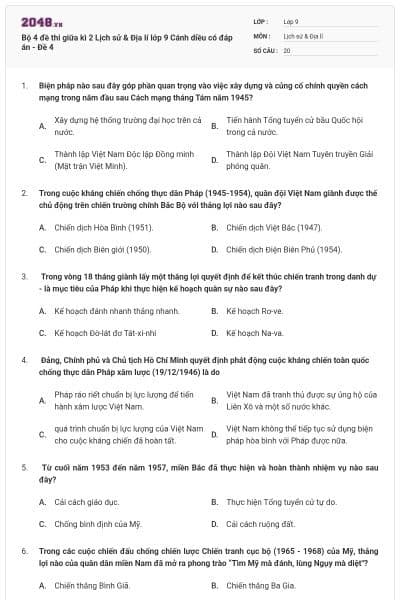 Bộ 4 đề thi giữa kì 2 Lịch sử & Địa lí lớp 9 Cánh diều có đáp án - Đề 4