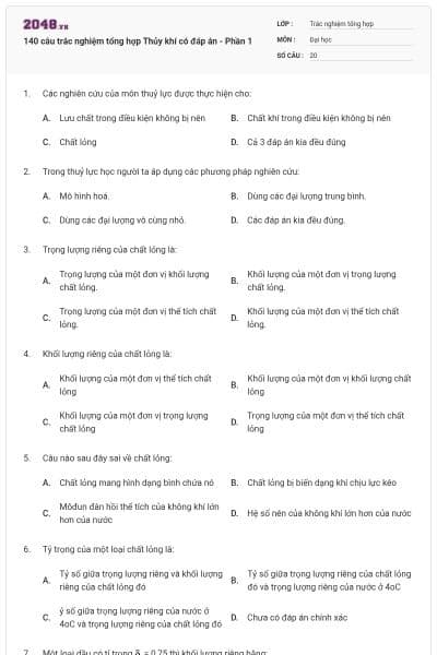 140 câu trắc nghiệm tổng hợp Thủy khí có đáp án - Phần 1