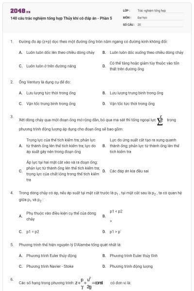 140 câu trắc nghiệm tổng hợp Thủy khí có đáp án - Phần 5