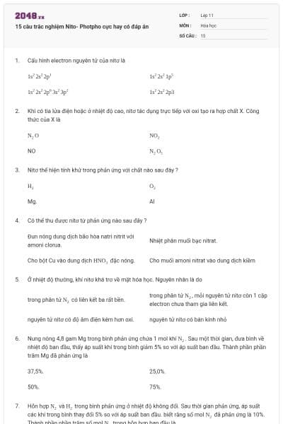 15 câu trắc nghiệm Nito- Photpho cực hay có đáp án