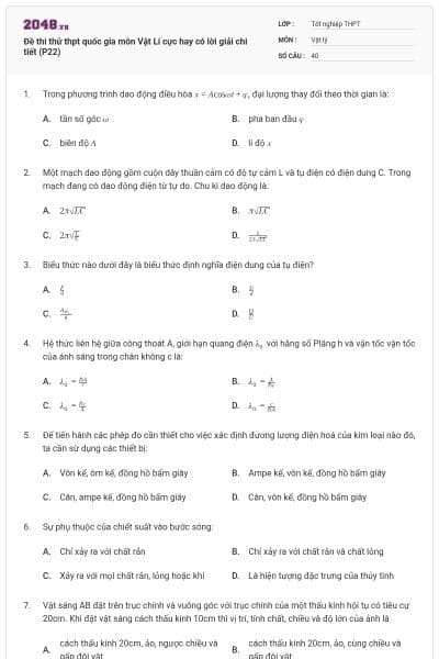 Đề thi thử thpt quốc gia môn Vật Lí cực hay có lời giải chi tiết (P22)