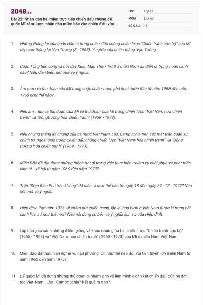 Bài 22: Nhân dân hai miền trực tiếp chiến đấu chống đế quốc Mĩ xâm lược, nhân dân miền bắc vừa chiến đấu vừa sản xuất (1965-1973)