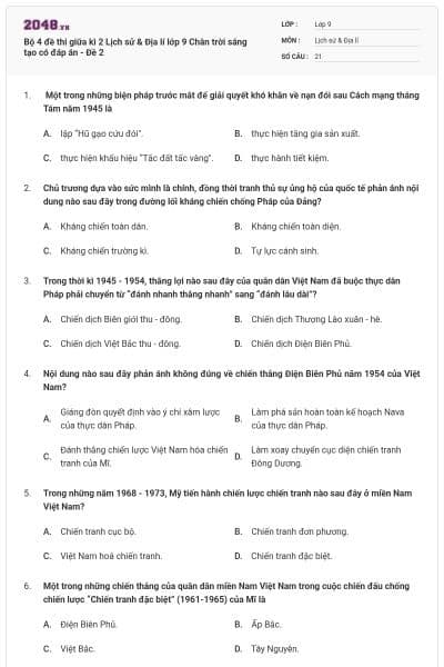 Bộ 4 đề thi giữa kì 2 Lịch sử & Địa lí lớp 9 Chân trời sáng tạo có đáp án - Đề 2