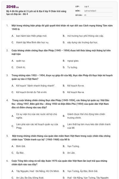 Bộ 4 đề thi giữa kì 2 Lịch sử & Địa lí lớp 9 Chân trời sáng tạo có đáp án - Đề 4