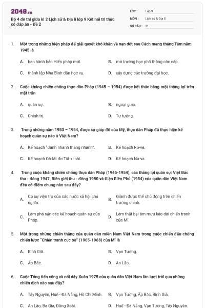 Bộ 4 đề thi giữa kì 2 Lịch sử & Địa lí lớp 9 Kết nối tri thức có đáp án - Đề 2